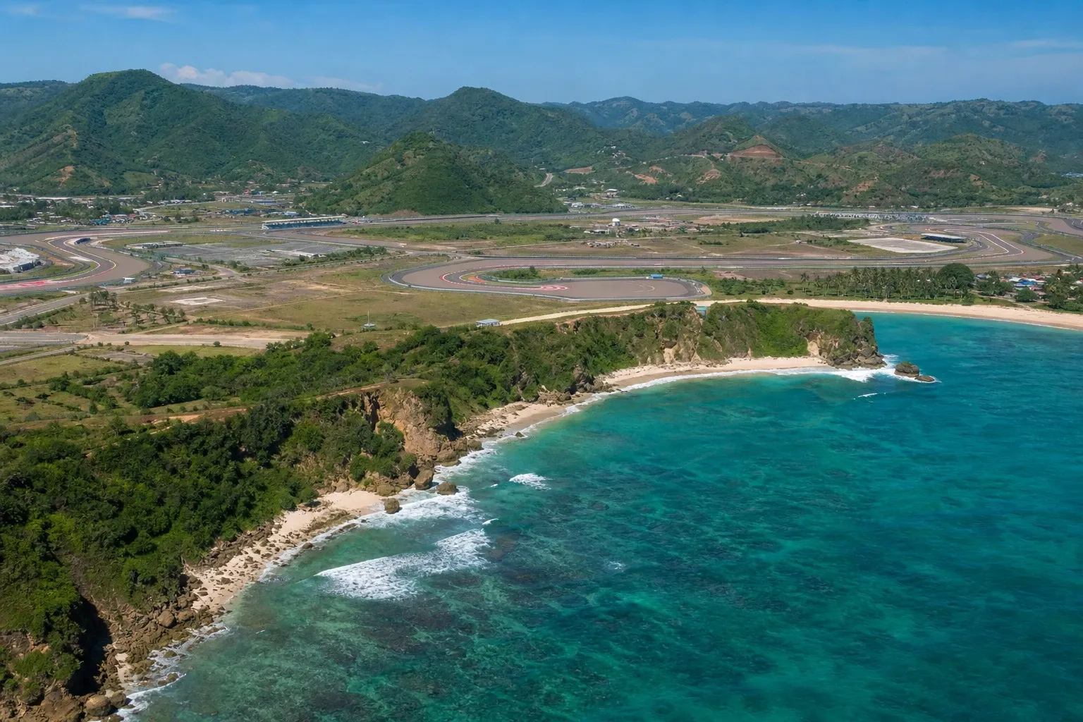 Aerial view of the Mandalika MotoGP circuit beside the South Lombok coastline.
